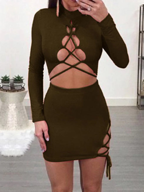 Sexy Cross Bandage Hollow Out Elastic Slim Bodycon Dress for Women Evening Club Party